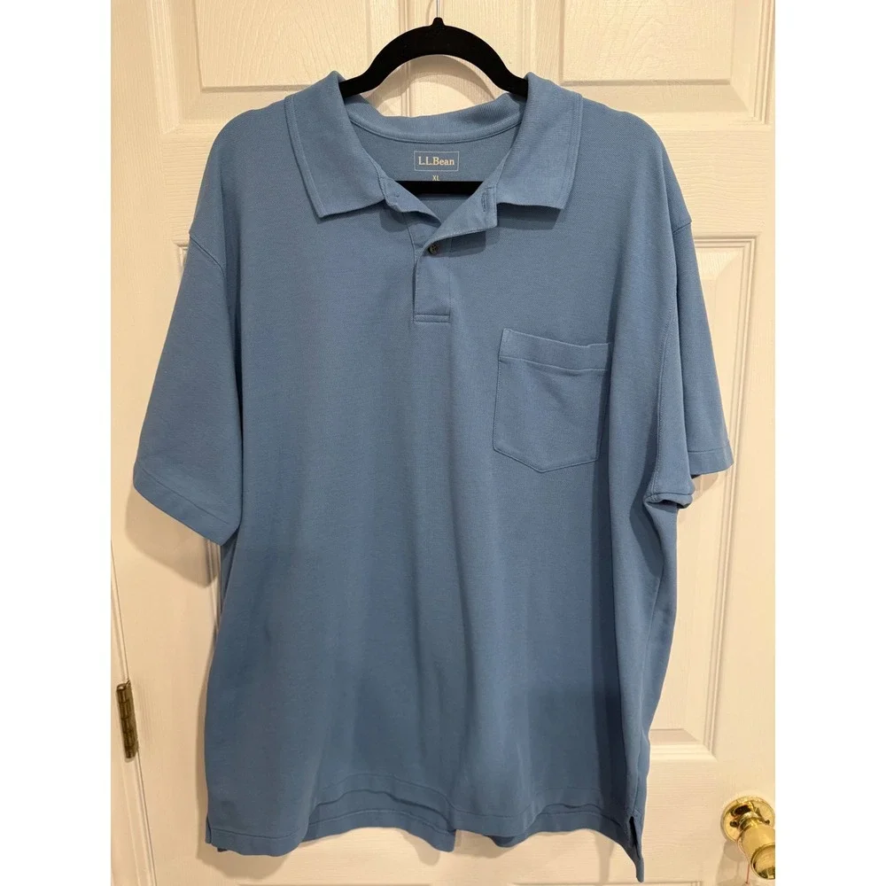 LL Bean Mens XL Blue Pique Cotton Short Sleeve Pocket Polo Shirt ODTL8